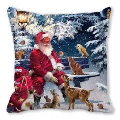 Housse De Coussin De Noël : Père Noël Avec Les Animaux